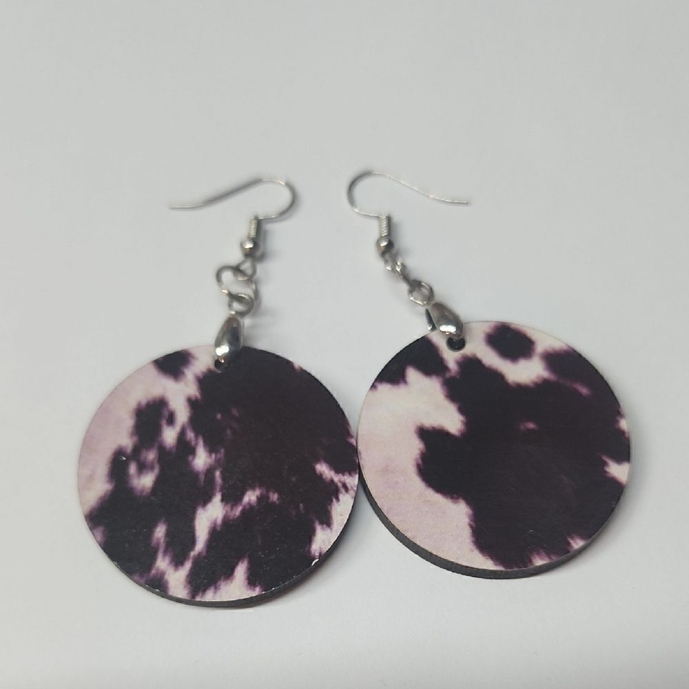 Black Purple White Earrings Large Circular Discs Cow Print